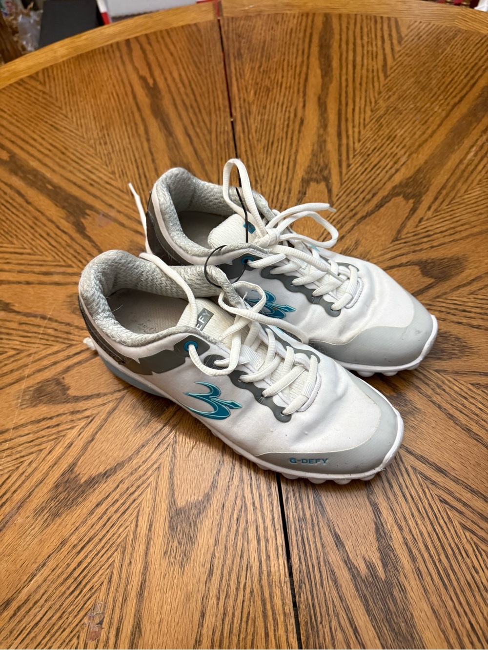 Women's White Athletic Lace-Up Golf Sneakers with Teal Accents